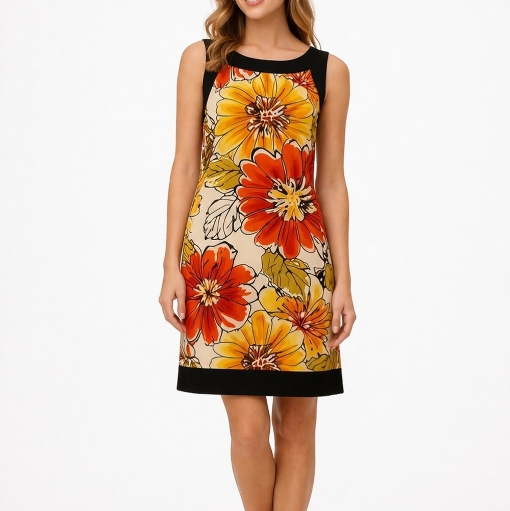 Ab Studio Orange and Yellow Floral Mod  Artsy Sleeveless Shift Dress